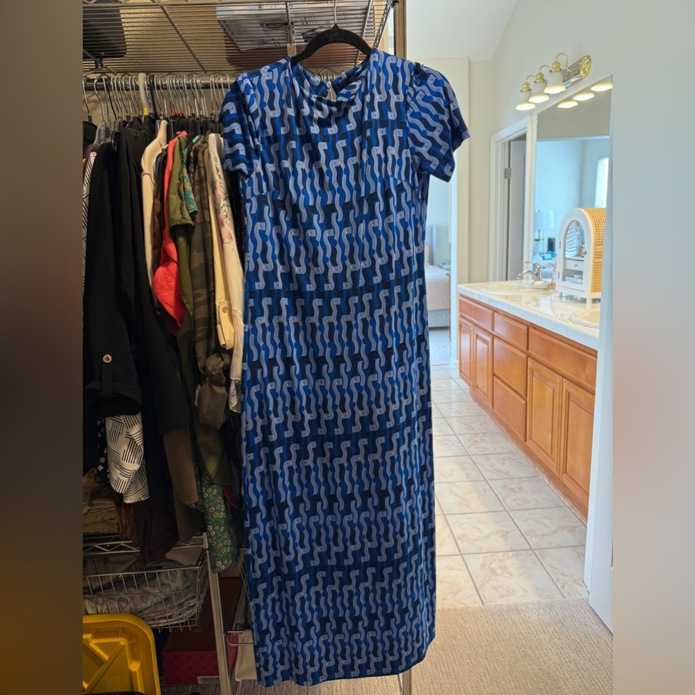 Donna Morgan Blue and White Sheath Midi Dress